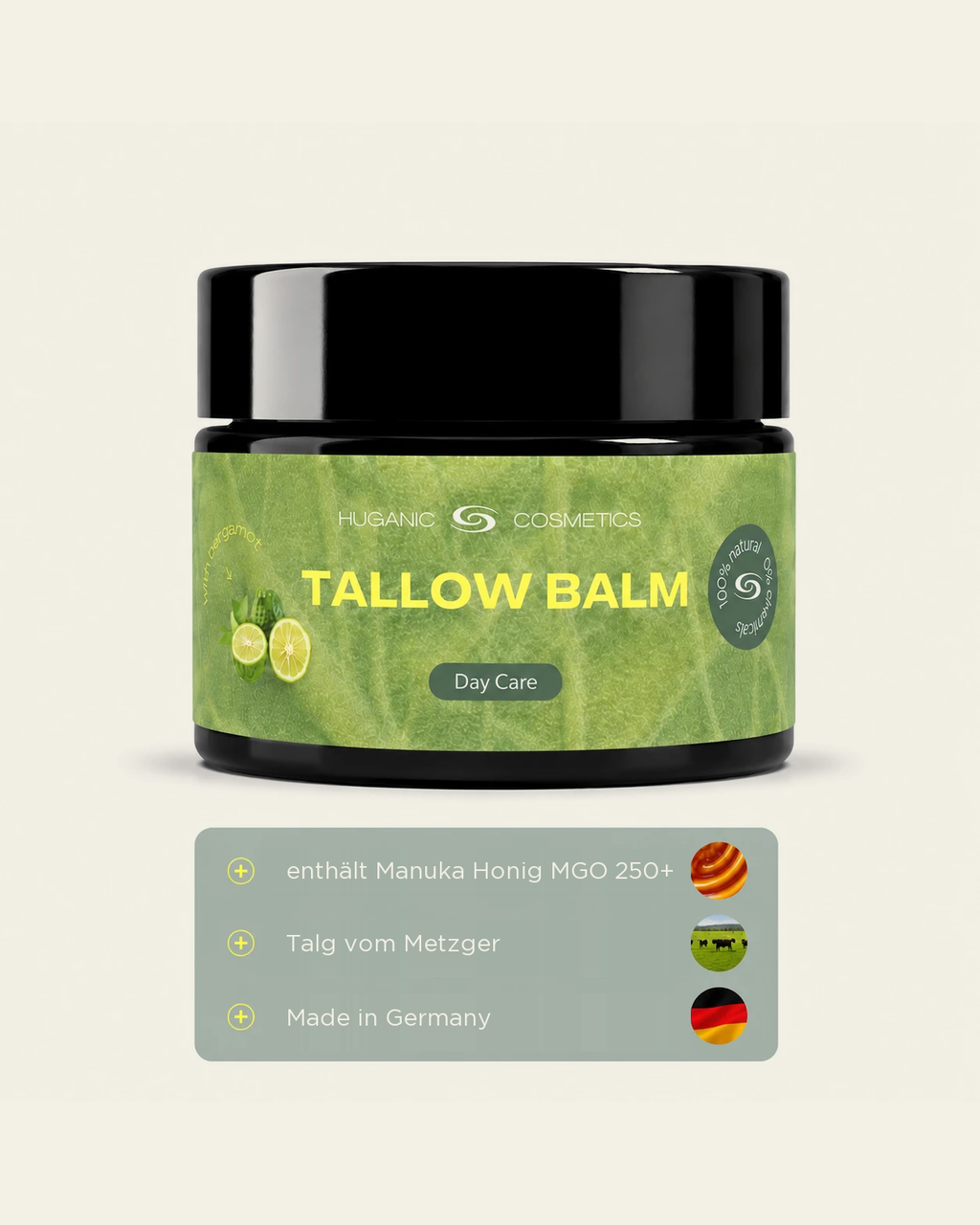 HUGANIC Tallow Balm Day Care mit Manuka Honig MGO 250+, Talg vom Metzger aus eigener Schlachtung und Herstellung Made in Germany