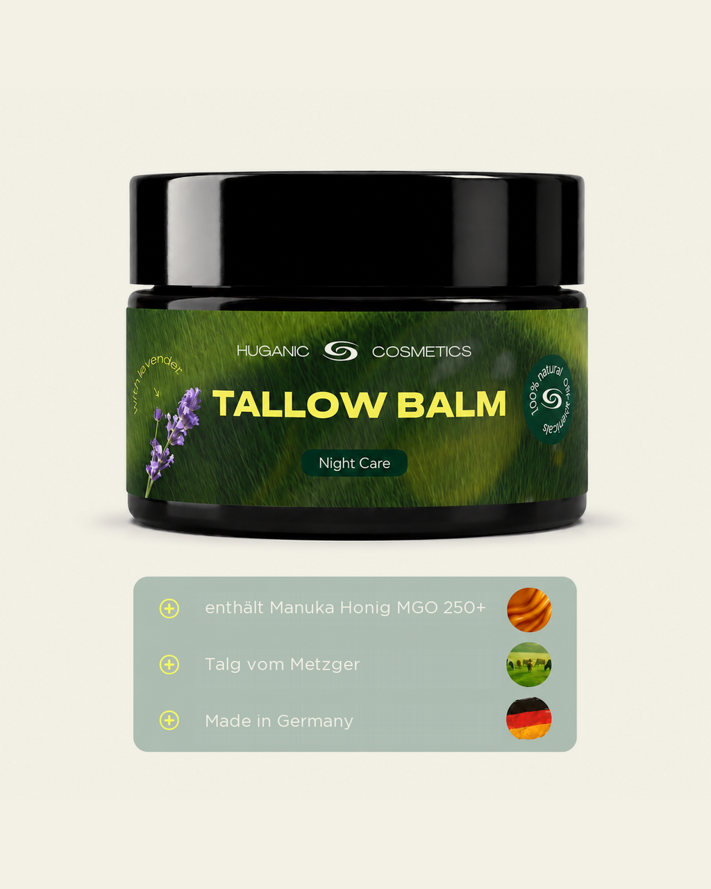 HUGANIC Tallow Balm Night Care mit Manuka Honig MGO 250+, Talg vom Metzger aus eigener Schlachtung und Herstellung Made in Germany